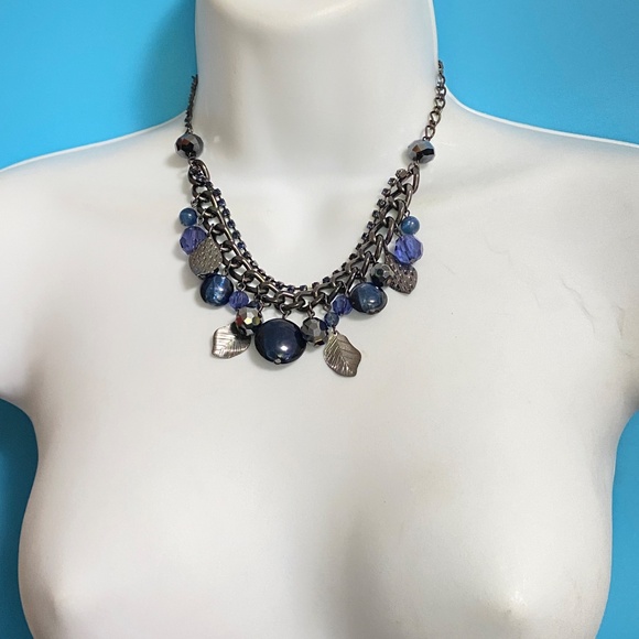COOKIE LEE Blue Glass Beads Rhinestones Gunmetal Black Chain Statement Necklace - Picture 8 of 8